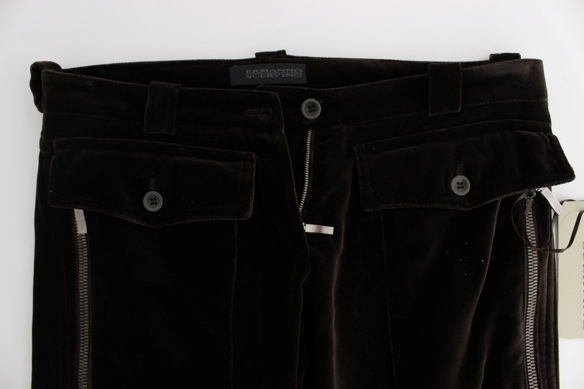 Pantalon slim en velours de coton marron avec zips d'Ermanno Scervino