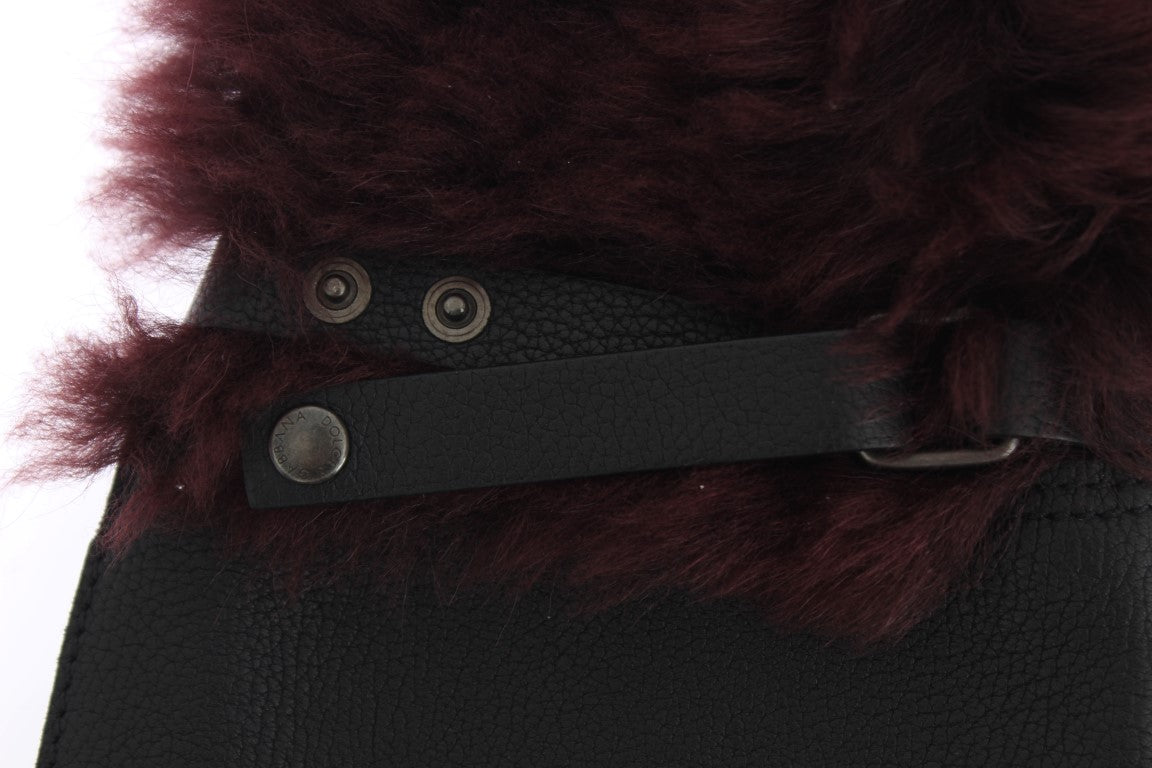 Gants Dolce & Gabbana en cuir noir et peau lainée bordeaux