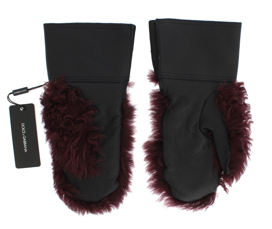 Gants Dolce & Gabbana en cuir noir et peau lainée bordeaux