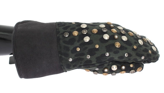 Dolce &amp; Gabbana Grijze Wollen Schapenvacht Groen Luipaard Handschoenen met Studs