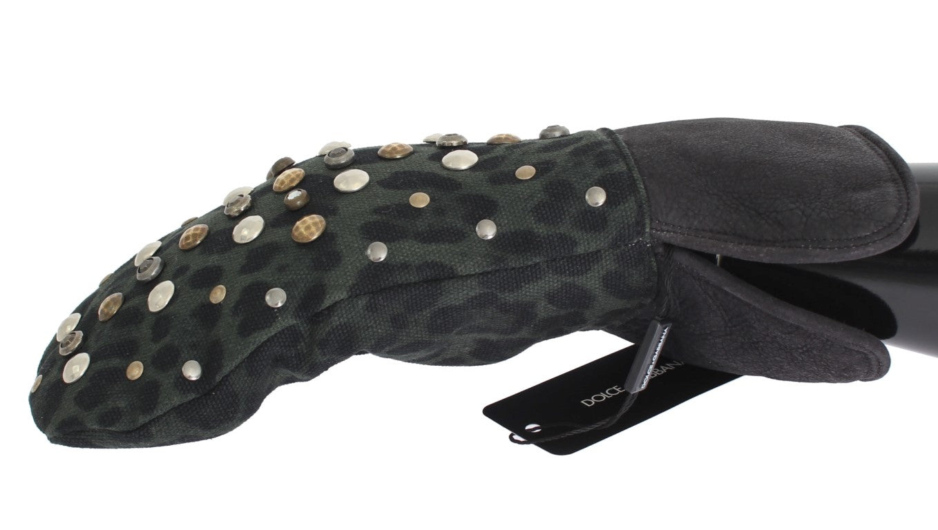 Dolce &amp; Gabbana Grijze Wollen Schapenvacht Groen Luipaard Handschoenen met Studs
