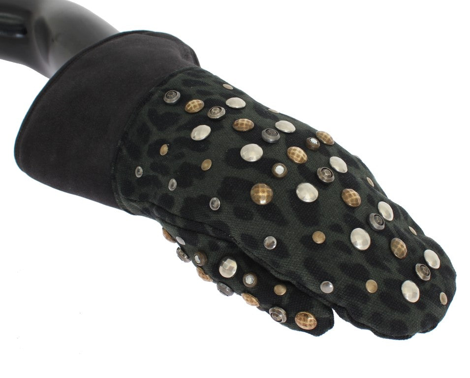 Dolce &amp; Gabbana Grijze Wollen Schapenvacht Groen Luipaard Handschoenen met Studs