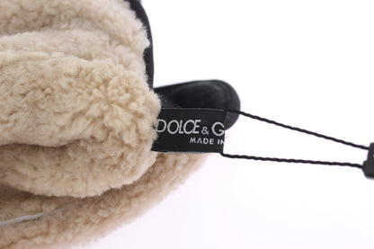 Dolce &amp; Gabbana Grijze Wollen Schapenvacht Groen Luipaard Handschoenen met Studs