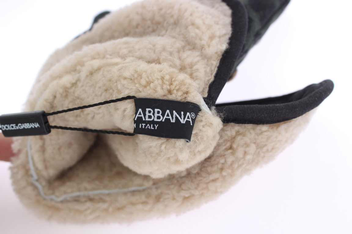 Dolce &amp; Gabbana Grijze Wollen Schapenvacht Groen Luipaard Handschoenen met Studs