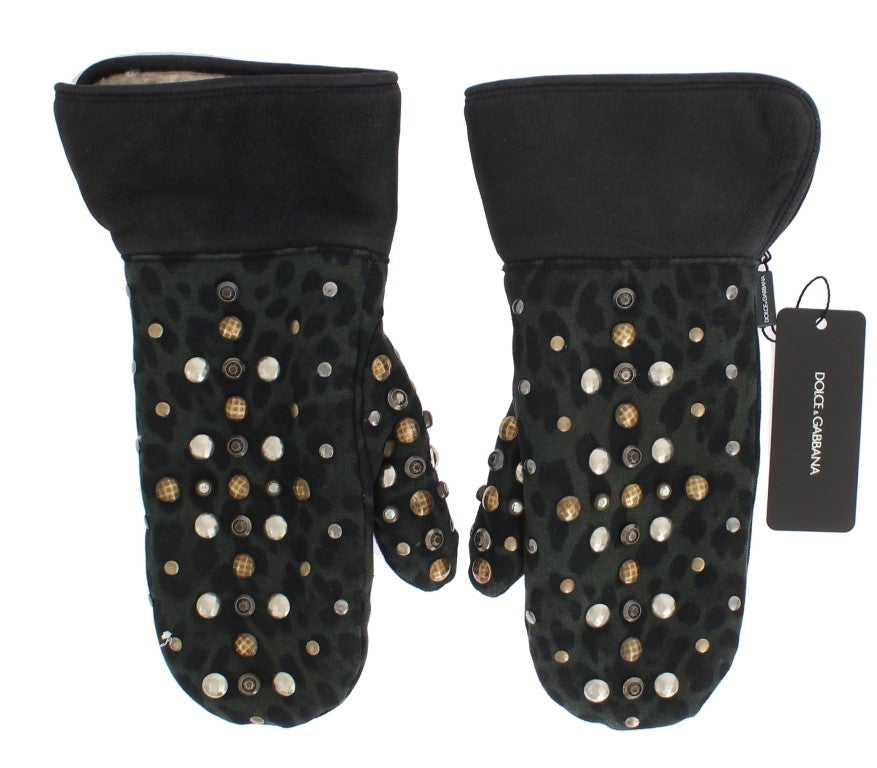 Dolce &amp; Gabbana Grijze Wollen Schapenvacht Groen Luipaard Handschoenen met Studs