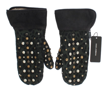 Dolce &amp; Gabbana Grijze Wollen Schapenvacht Groen Luipaard Handschoenen met Studs