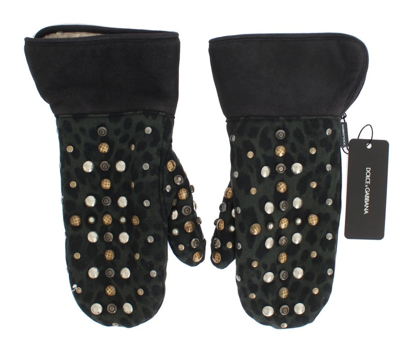 Dolce & Gabbana Grijze Wollen Schapenvacht Groen Luipaard Handschoenen met Studs