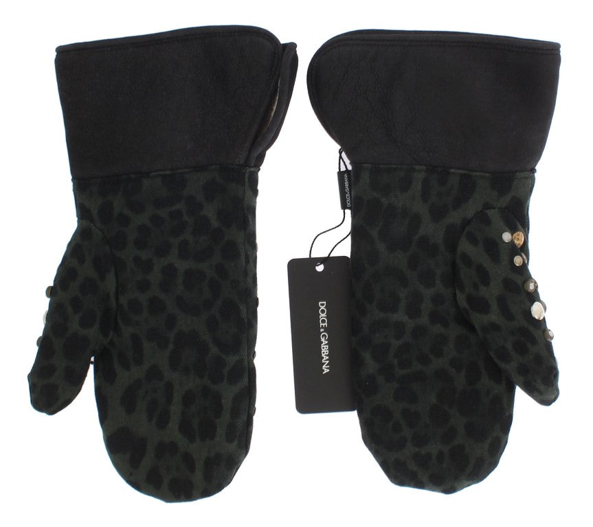 Dolce &amp; Gabbana Grijze Wollen Schapenvacht Groen Luipaard Handschoenen met Studs