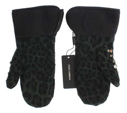 Dolce &amp; Gabbana Grijze Wollen Schapenvacht Groen Luipaard Handschoenen met Studs