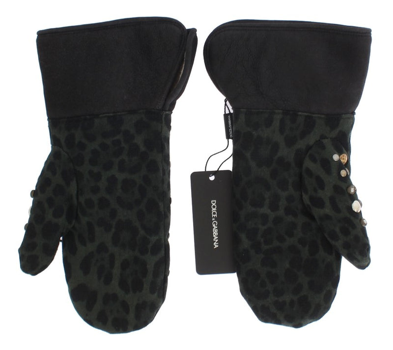 Dolce & Gabbana Grijze Wollen Schapenvacht Groen Luipaard Handschoenen met Studs
