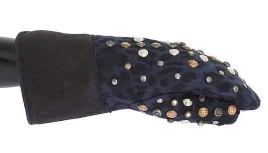 Dolce &amp; Gabbana Grijze Wollen Schapenvacht Studs Blauwe Luipaard Handschoenen