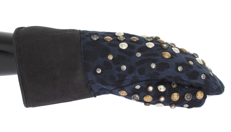 Dolce & Gabbana Grijze Wollen Schapenvacht Studs Blauwe Luipaard Handschoenen