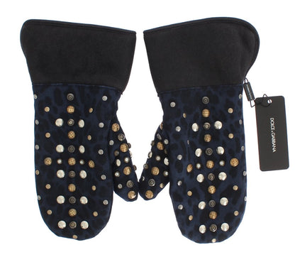 Dolce &amp; Gabbana Grijze Wollen Schapenvacht Studs Blauwe Luipaard Handschoenen