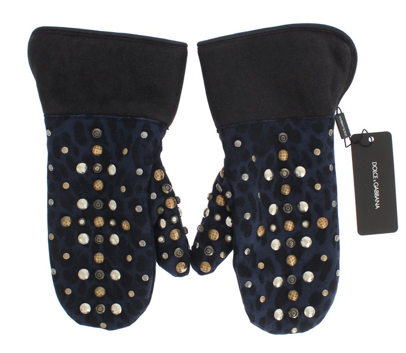 Dolce & Gabbana Grijze Wollen Schapenvacht Studs Blauwe Luipaard Handschoenen