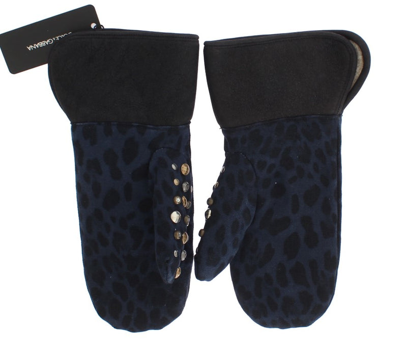 Dolce & Gabbana Grijze Wollen Schapenvacht Studs Blauwe Luipaard Handschoenen