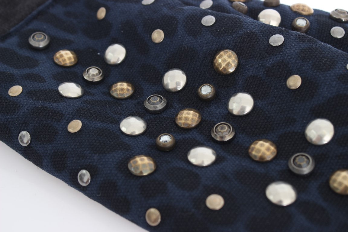 Gants Dolce & Gabbana en peau de mouton grise et léopard bleu clouté
