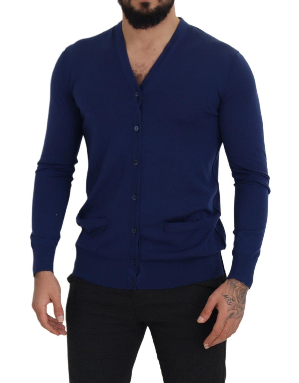 Cardigan en laine bleu à col en V et boutons de Dolce &amp; Gabbana