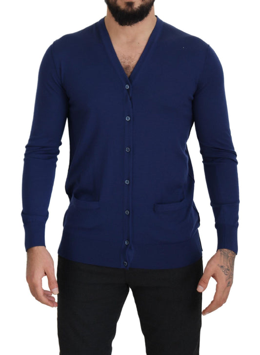 Cardigan en laine bleu à col en V et boutons de Dolce & Gabbana