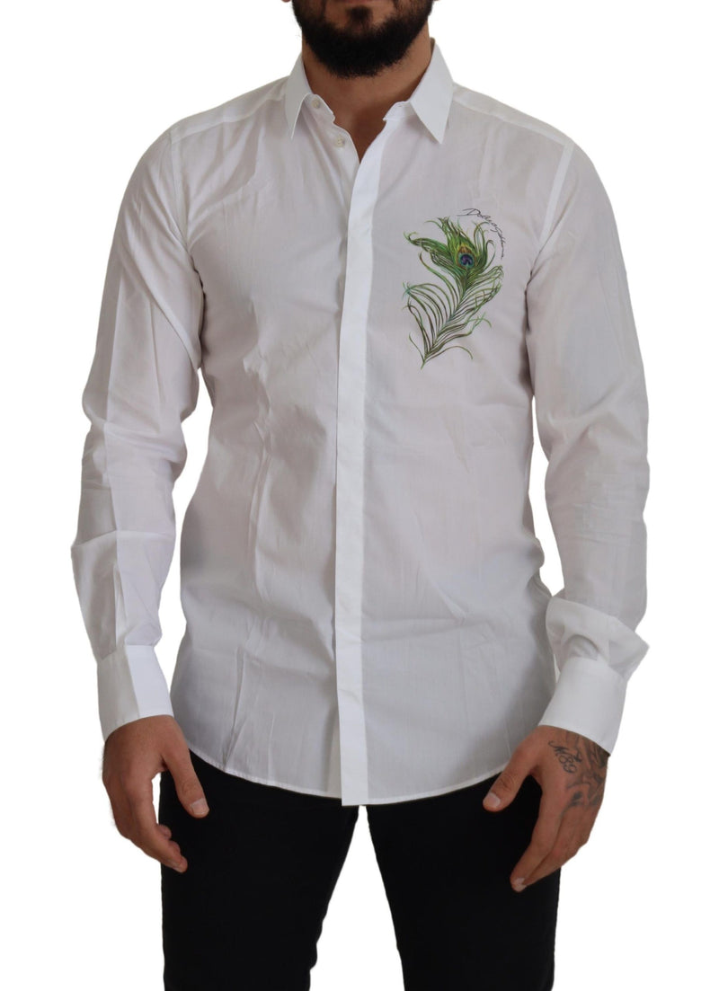 Dolce &amp; Gabbana wit katoenen overhemd met pauwenveren, formele stijl, goudkleurig.