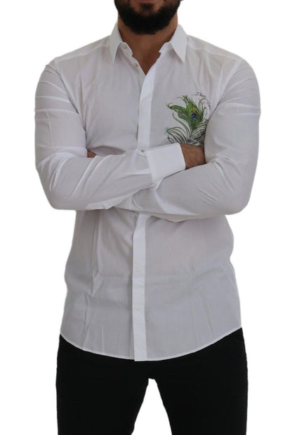 Chemise habillée dorée en coton blanc à plumes de paon Dolce & Gabbana