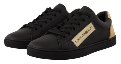 Dolce & Gabbana Zwarte Goudkleurige Lederen Lage Sneakers, Dames.