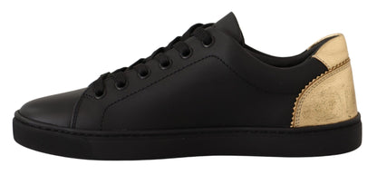 Dolce & Gabbana Zwarte Goudkleurige Lederen Lage Sneakers, Dames.