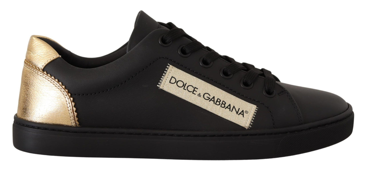 Dolce & Gabbana Zwarte Goudkleurige Lederen Lage Sneakers, Dames.