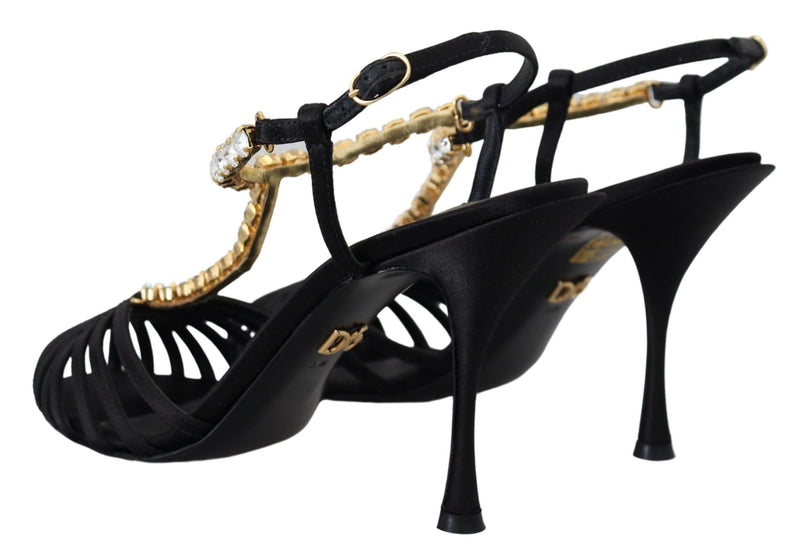 Dolce & Gabbana Black Satin Clear Crystal T-strap Sandal Shoes