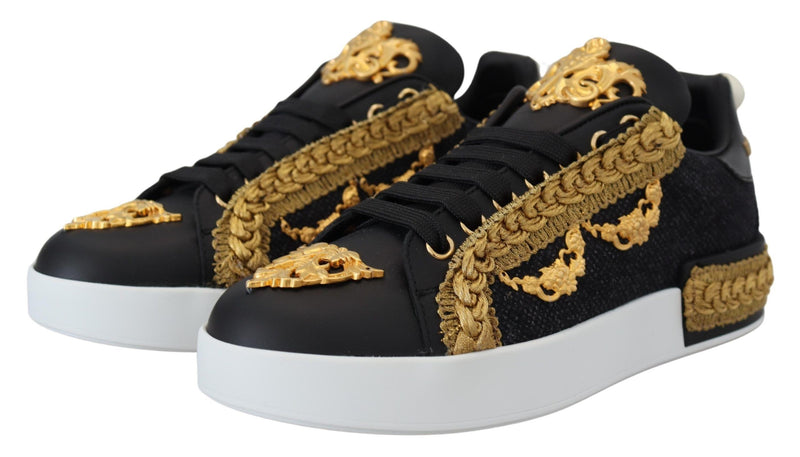 Dolce & Gabbana Black Gold Baroque Portofino Leather Sneakers