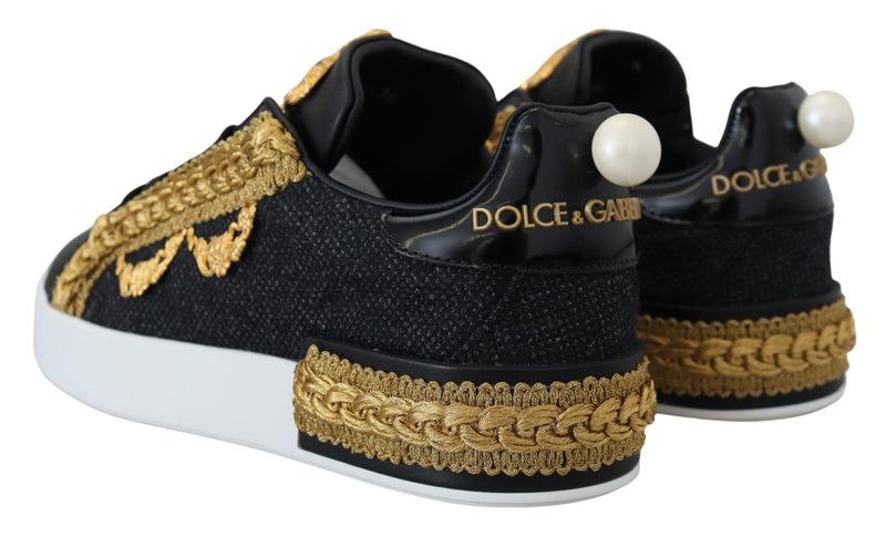 Dolce & Gabbana Black Gold Baroque Portofino Leather Sneakers