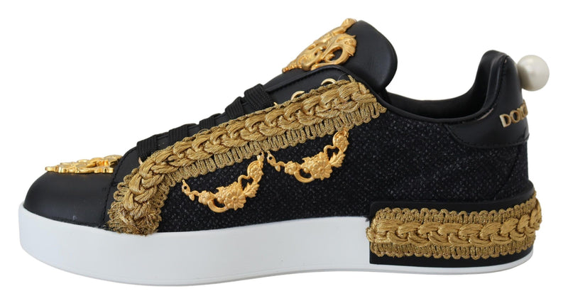 Dolce & Gabbana Black Gold Baroque Portofino Leather Sneakers