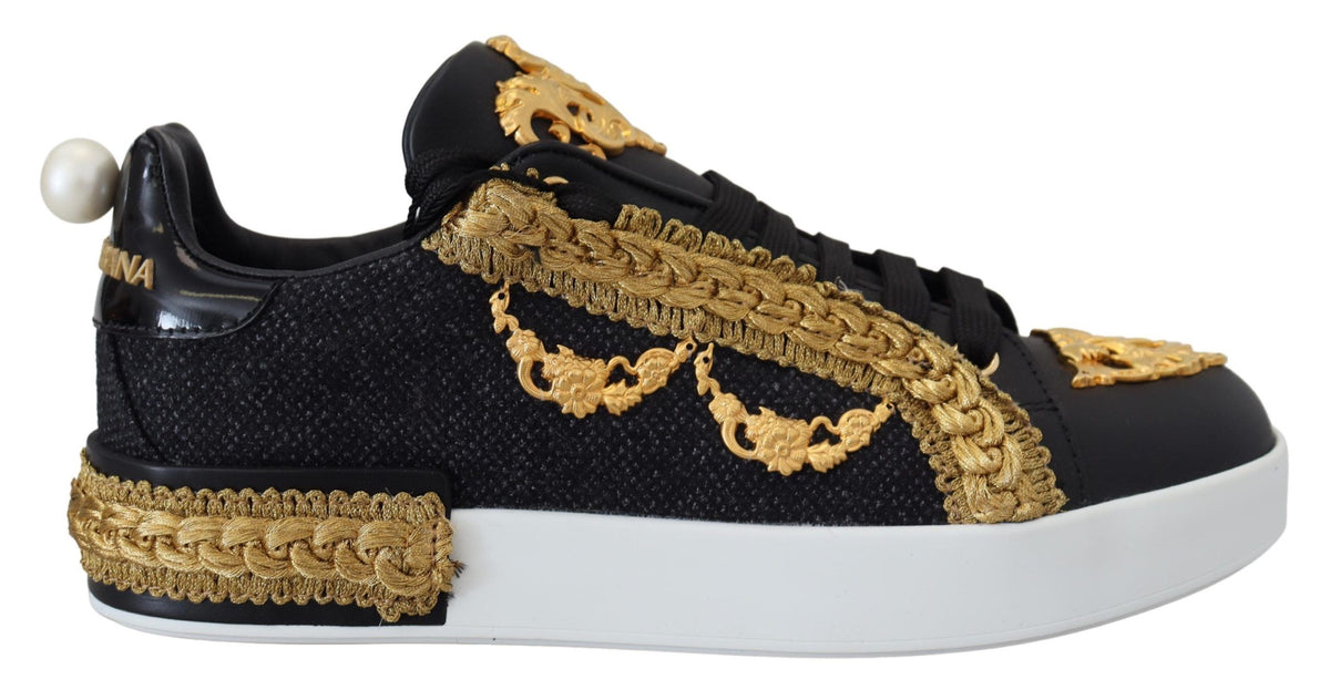 Dolce & Gabbana Black Gold Baroque Portofino Leather Sneakers