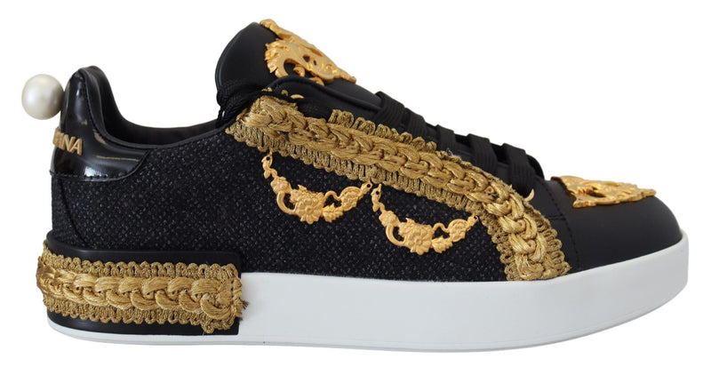 Dolce & Gabbana Black Gold Baroque Portofino Leather Sneakers