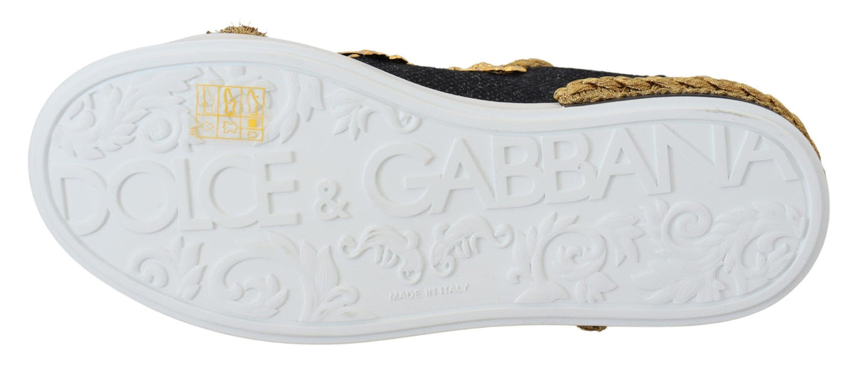 Dolce & Gabbana Black Gold Baroque Portofino Leather Sneakers