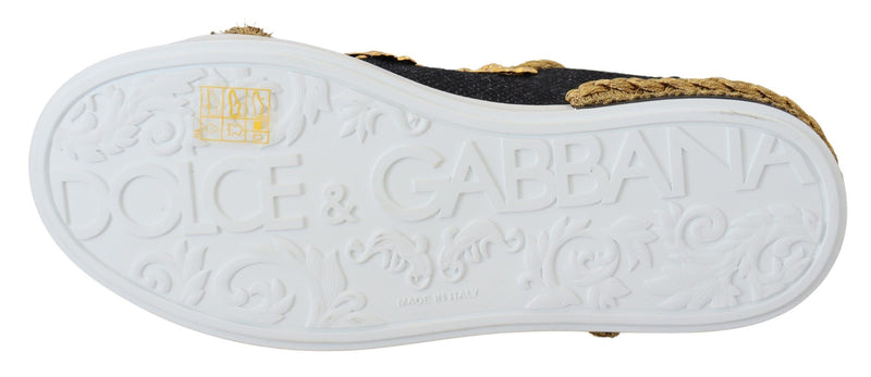 Dolce & Gabbana Black Gold Baroque Portofino Leather Sneakers