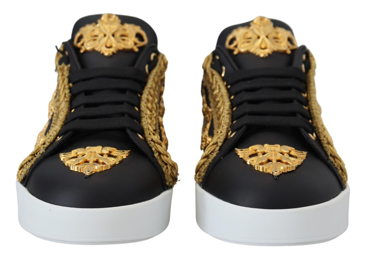 Dolce & Gabbana Black Gold Baroque Portofino Leather Sneakers