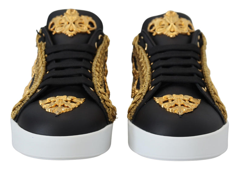 Dolce & Gabbana Black Gold Baroque Portofino Leather Sneakers