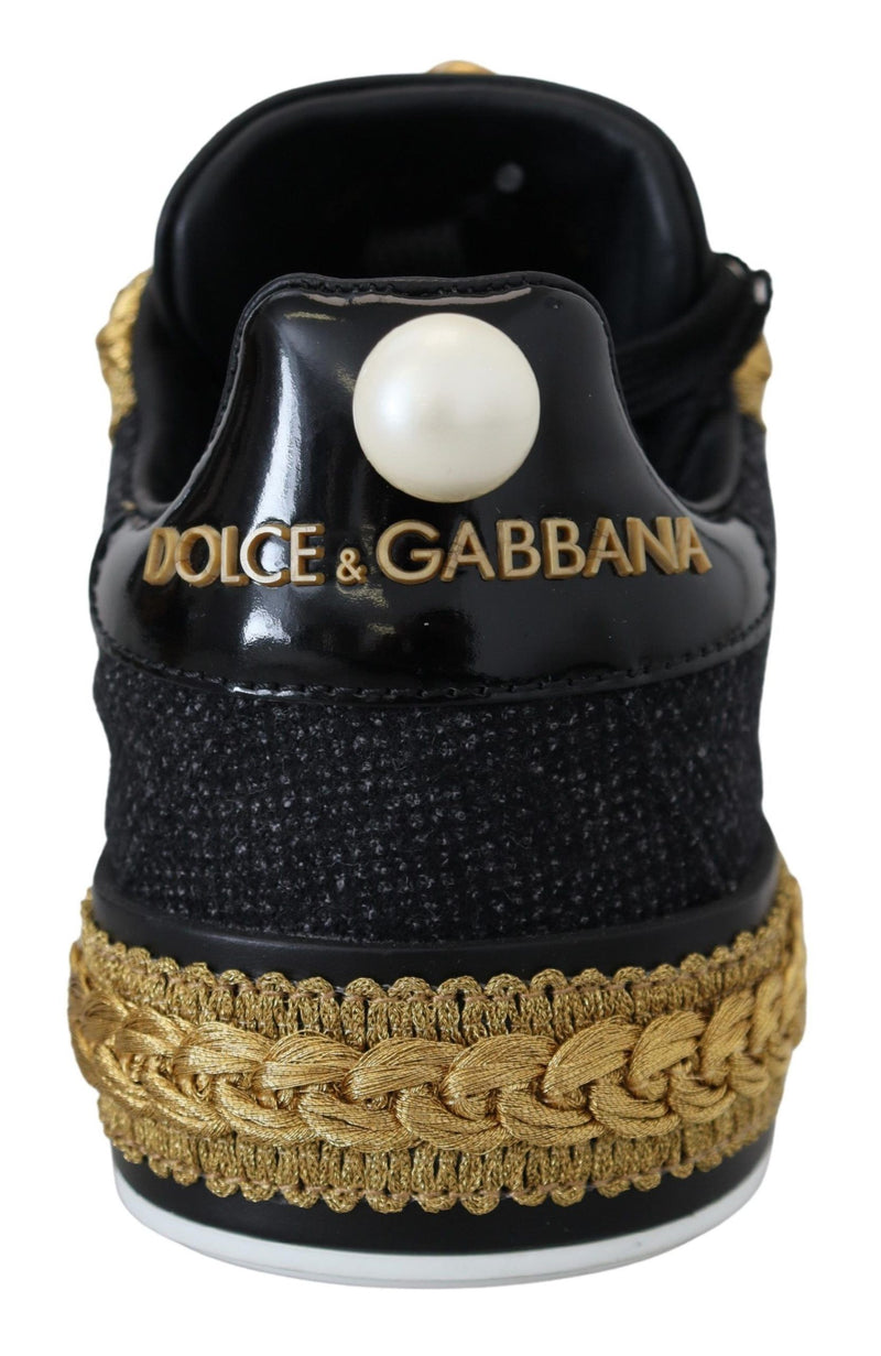 Dolce & Gabbana Black Gold Baroque Portofino Leather Sneakers