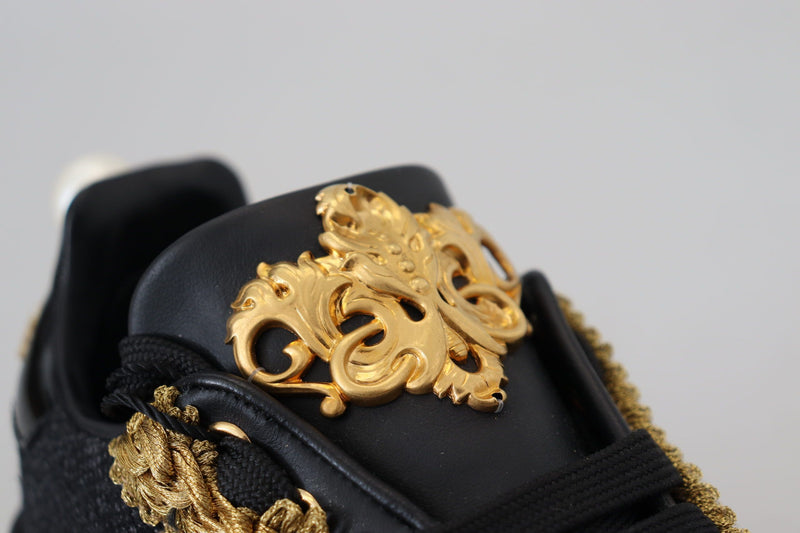Dolce & Gabbana Black Gold Baroque Portofino Leather Sneakers