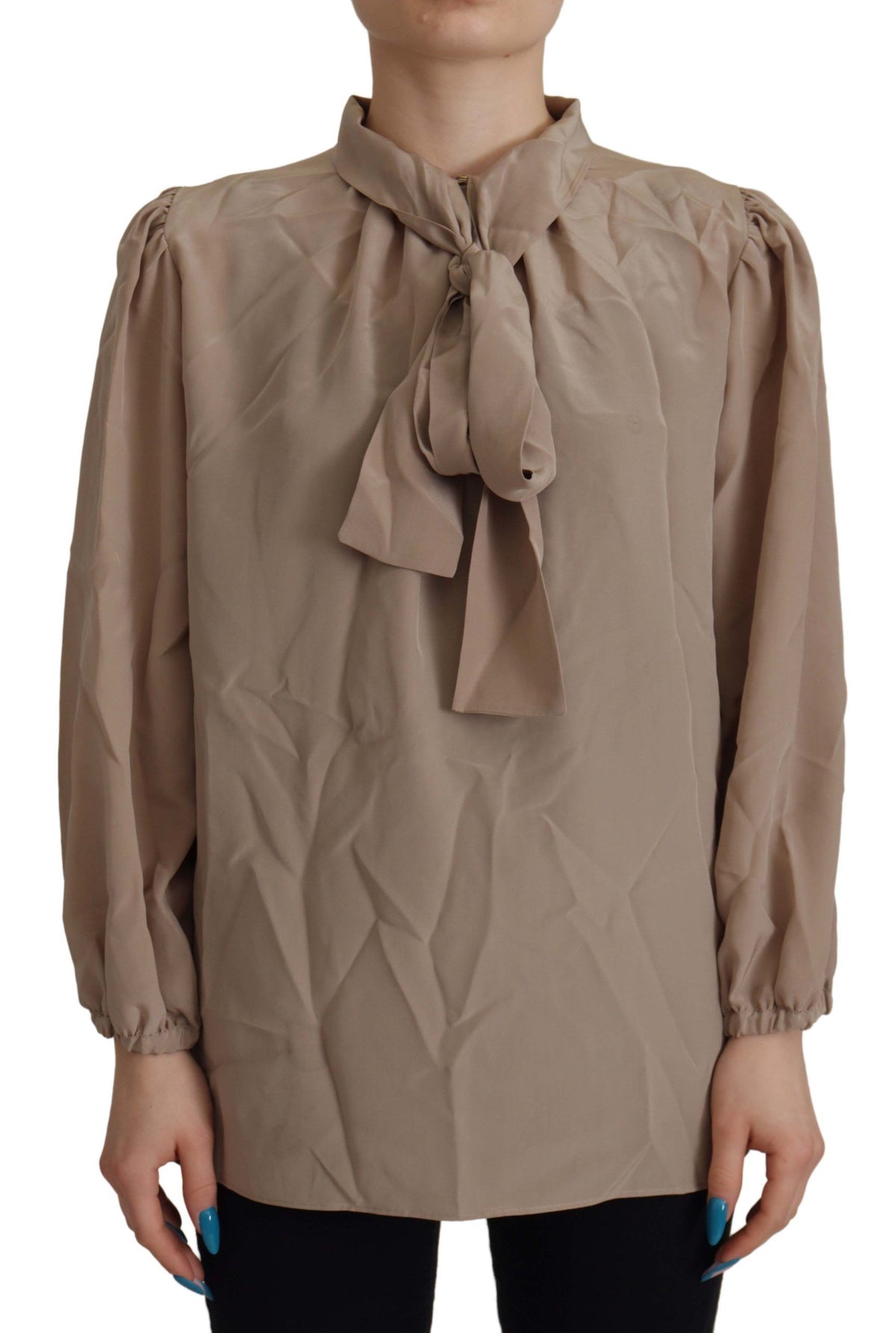 Dolce & Gabbana Brown Ascot Collar Blouse with Waistband Sleeves