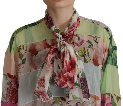 Dolce & Gabbana bloemenprint blouse met patchwork en ascotkraag in verschillende kleuren