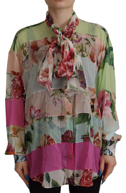 Dolce & Gabbana bloemenprint blouse met patchwork en ascotkraag in verschillende kleuren