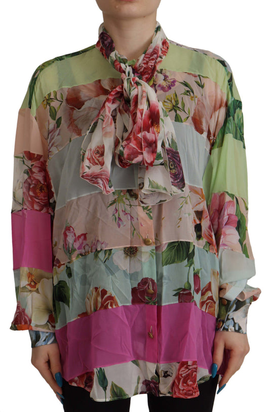 Dolce & Gabbana bloemenprint blouse met patchwork en ascotkraag in verschillende kleuren