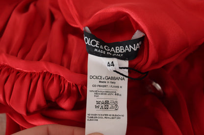Dolce & Gabbana rode, knoopbare, gesprijsde midi-jurk van satijnen zijde