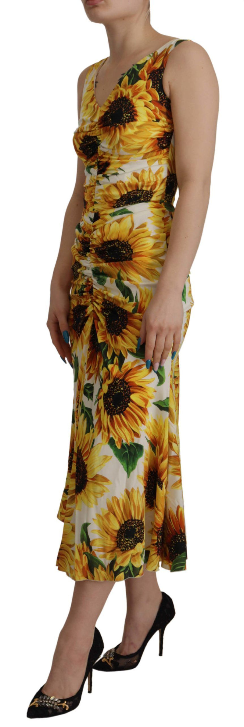 Dolce & Gabbana White Sunflower Print Sheath Midi Silk Dress