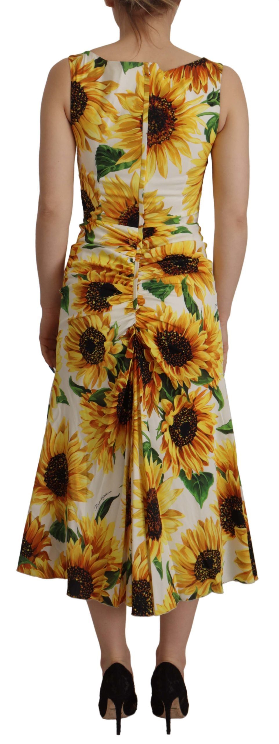 Dolce & Gabbana White Sunflower Print Sheath Midi Silk Dress