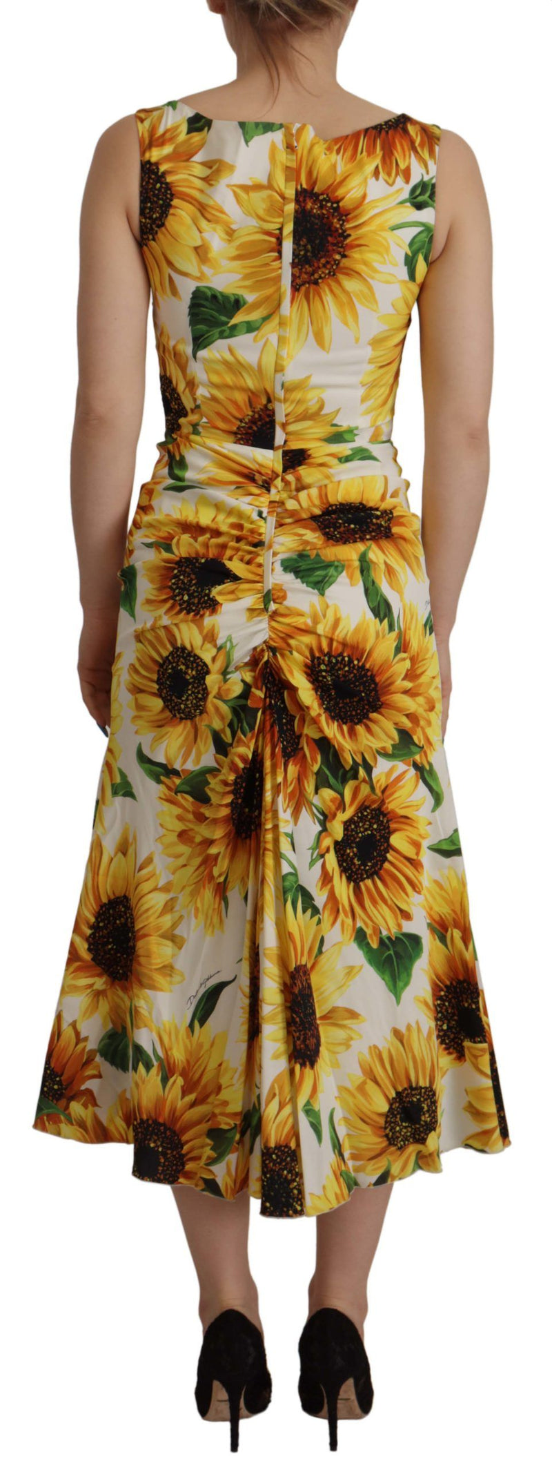 Dolce & Gabbana White Sunflower Print Sheath Midi Silk Dress