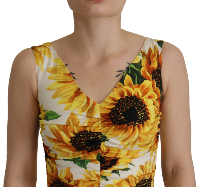 Dolce & Gabbana White Sunflower Print Sheath Midi Silk Dress