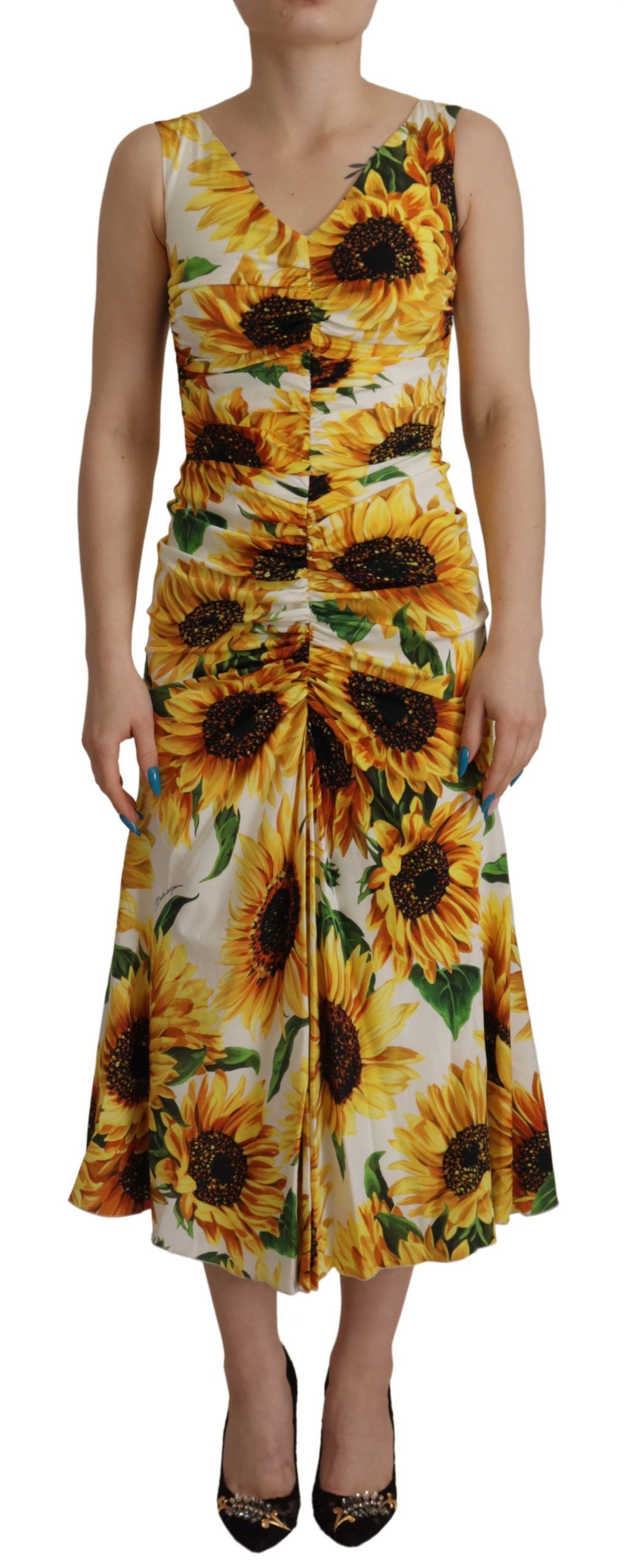 Dolce & Gabbana White Sunflower Print Sheath Midi Silk Dress