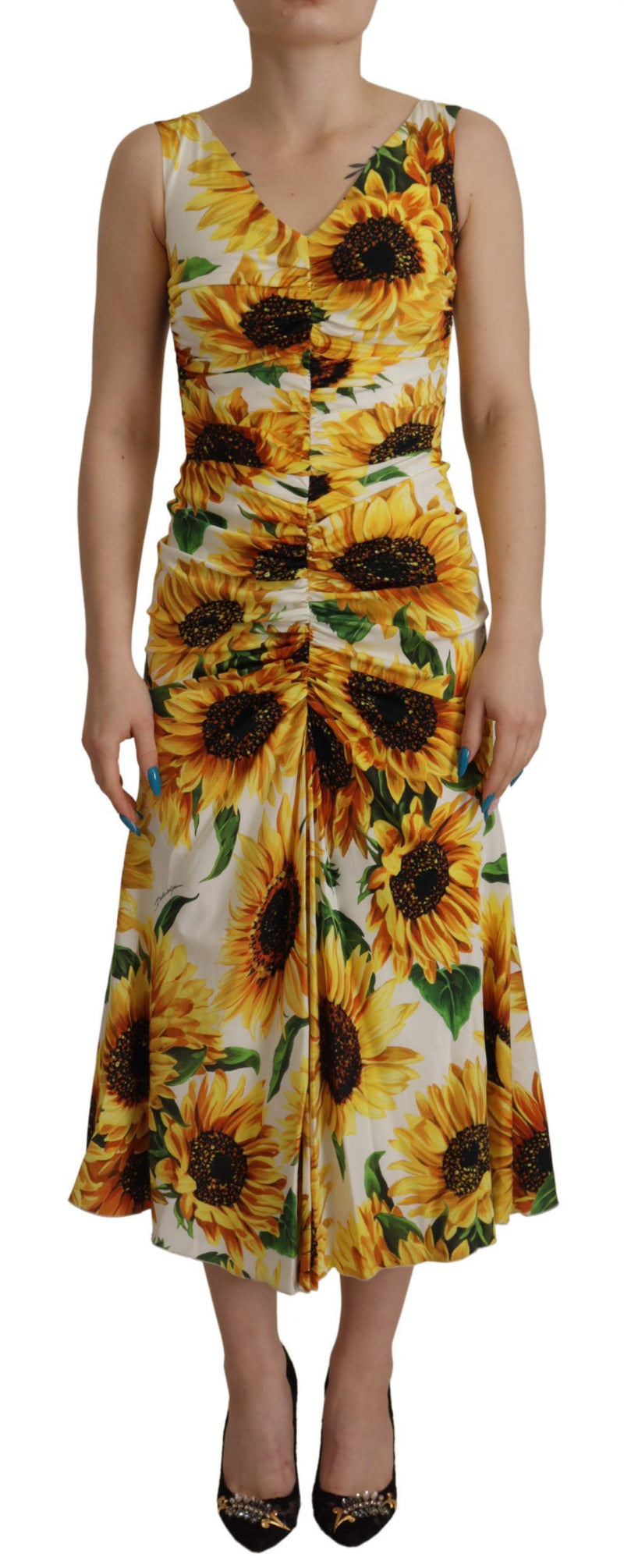 Dolce & Gabbana White Sunflower Print Sheath Midi Silk Dress